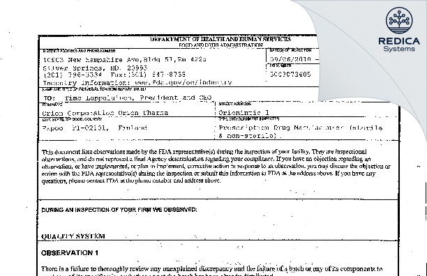 FDA 483 - Orion Corporation [Espoo / Finland] - Download PDF - Redica Systems