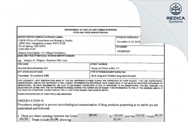 FDA 483 - Baxalta Manufacturing Sàrl [Neuchâtel / Switzerland] - Download PDF - Redica Systems