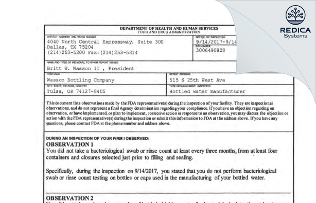 FDA 483 - Wassco Bottling Company [Tulsa / United States of America] - Download PDF - Redica Systems