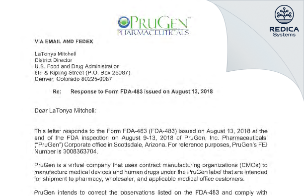 FDA 483 Response - Prugen Inc. Pharmaceuticals [Scottsdale / United States of America] - Download PDF - Redica Systems