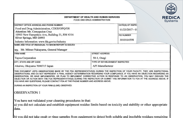 FDA 483 - TAYCA CORPORATION [- / Japan] - Download PDF - Redica Systems