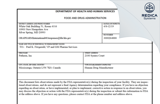 FDA 483 - Patheon Inc. [Mississauga / Canada] - Download PDF - Redica Systems