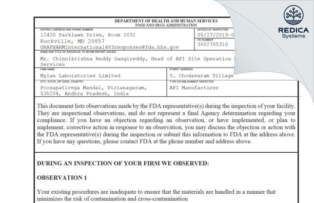 FDA 483 - MYLAN LABORATORIES LIMITED [India / India] - Download PDF - Redica Systems