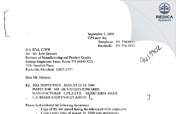 FDA 483 Response - CIPLA LIMITED [India / India] - Download PDF - Redica Systems