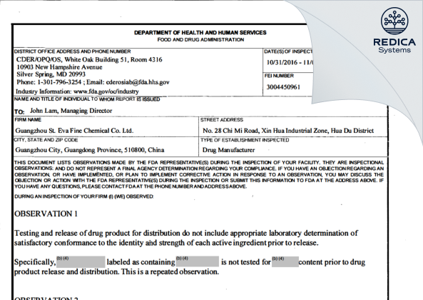 FDA 483 - Guangzhou St Eva Fine Chemical Co. Ltd. [Guangzhou / China] - Download PDF - Redica Systems