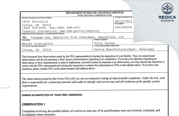 FDA 483 - Masimo Corporation [Irvine / United States of America] - Download PDF - Redica Systems