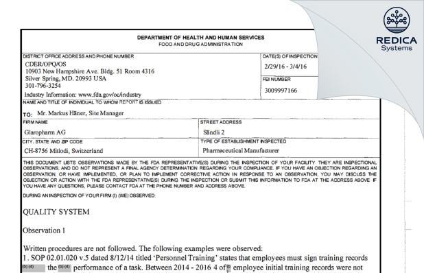 FDA 483 - Glaropharm AG [Mitlödi / Switzerland] - Download PDF - Redica Systems
