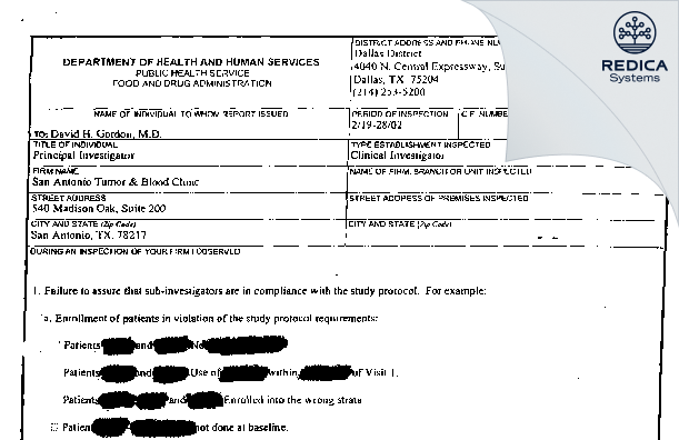 FDA 483 - San Antonio Tumor & Blood Clinic [San Antonio / United States of America] - Download PDF - Redica Systems