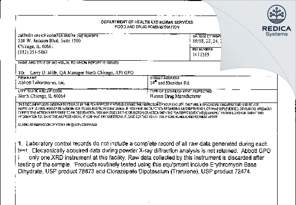 FDA 483 - AbbVie Inc. [North Chicago / United States of America] - Download PDF - Redica Systems