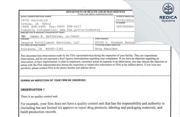 FDA 483 - Imagine Fulfillment Services, LLC [La Mirada / United States of America] - Download PDF - Redica Systems