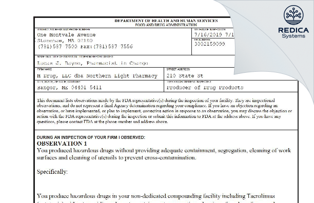 FDA 483 - M Drug, LLC dba Northern Light Pharmacy [Bangor / United States of America] - Download PDF - Redica Systems