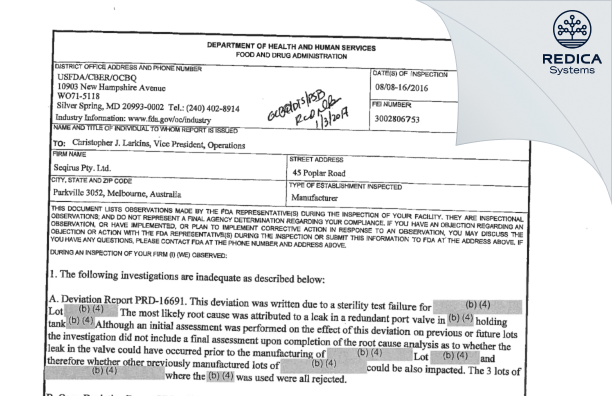 FDA 483 - Seqirus Pty Ltd [- / Australia] - Download PDF - Redica Systems
