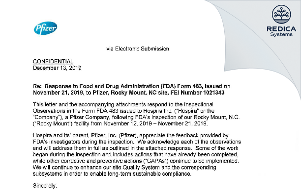 FDA 483 Response - Hospira, Inc. [Rocky Mount / United States of America] - Download PDF - Redica Systems