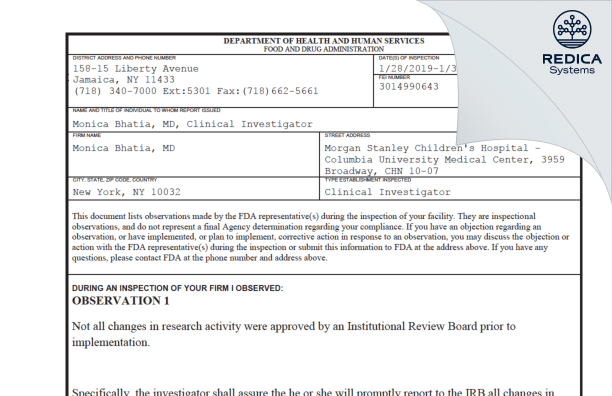 FDA 483 - Monica Bhatia, MD [New York / United States of America] - Download PDF - Redica Systems