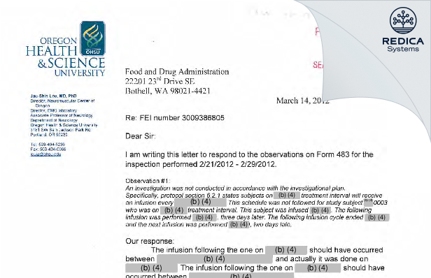 FDA 483 Response - Jau-Shin Lou, MD, Ph.D. [Portland / United States of America] - Download PDF - Redica Systems