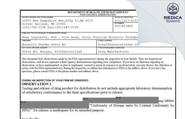 FDA 483 - Novartis Pharma Stein AG [Switzerland / Switzerland] - Download PDF - Redica Systems
