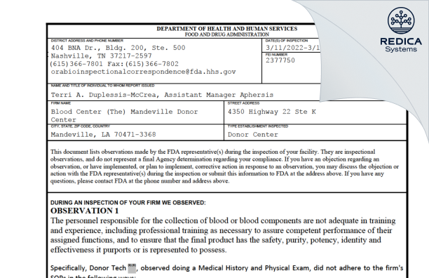 FDA 483 - Blood Center (The) Mandeville Donor Center [Mandeville / United States of America] - Download PDF - Redica Systems