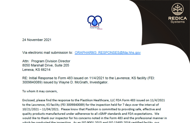 FDA 483 Response - Plastikon Healthcare LLC [Lawrence / United States of America] - Download PDF - Redica Systems