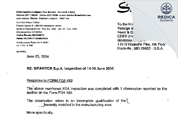 FDA 483 Response - Olon SpA [Italy / Italy] - Download PDF - Redica Systems