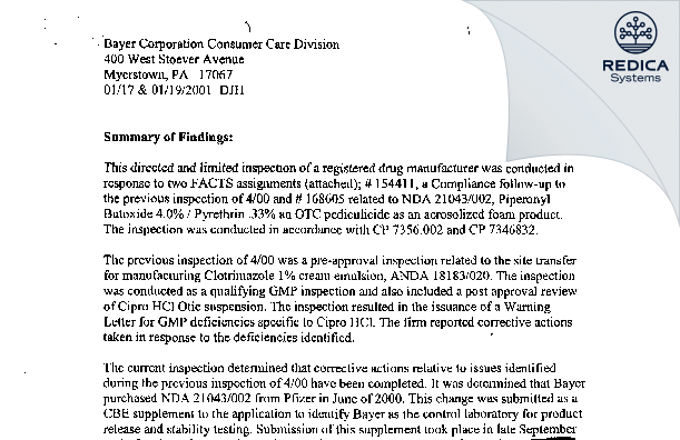 EIR - BAYER HEALTHCARE LLC [Myerstown Pennsylvania / United States of America] - Download PDF - Redica Systems