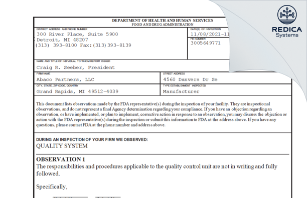 FDA 483 - Abaco Partners LLC DBA Surefil [Grand Rapids / United States of America] - Download PDF - Redica Systems