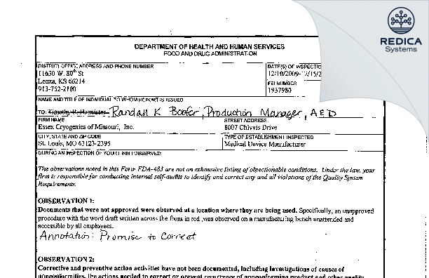 FDA 483 - Essex Industries, Inc. [Affton / United States of America] - Download PDF - Redica Systems