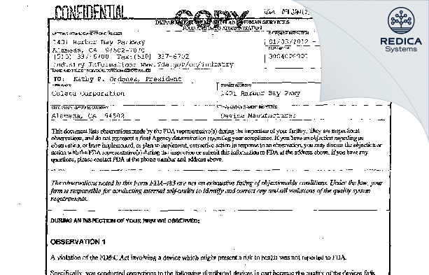FDA 483 - Celera Corporation [Alameda / United States of America] - Download PDF - Redica Systems