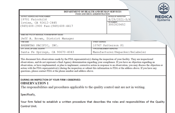 FDA 483 - BRENNTAG PACIFIC, INC. [Santa Fe Springs / United States of America] - Download PDF - Redica Systems