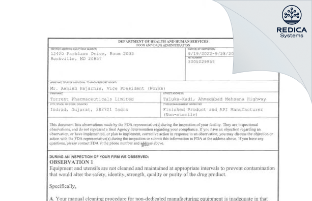 FDA 483 - Torrent Pharmaceuticals Limited [Ingrad / -] - Download PDF - Redica Systems