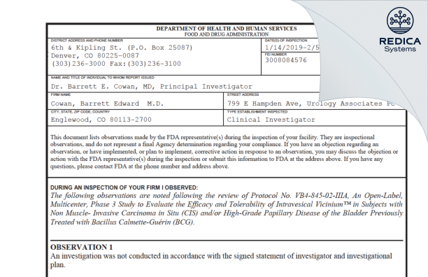 FDA 483 - Barrett E. Cowan, MD [Englewood / United States of America] - Download PDF - Redica Systems