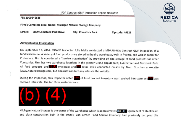 EIR - Michigan Natural Storage [Comstock Park / United States of America] - Download PDF - Redica Systems