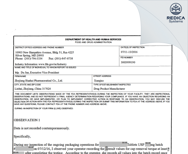 FDA 483 - Zhejiang Huahai Pharmaceutical Co., Ltd. [China / China] - Download PDF - Redica Systems