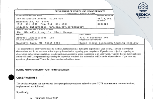 FDA 483 - Steris Laboratories [Brooklyn Park / United States of America] - Download PDF - Redica Systems