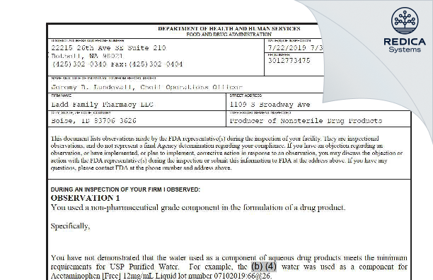 FDA 483 - Ladd Family Pharmacy LLC [Boise / United States of America] - Download PDF - Redica Systems