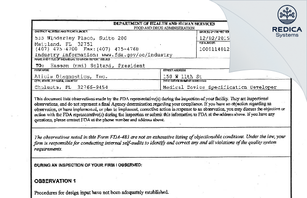 FDA 483 - Alicia Diagnostics, Inc. [Chuluota / United States of America] - Download PDF - Redica Systems