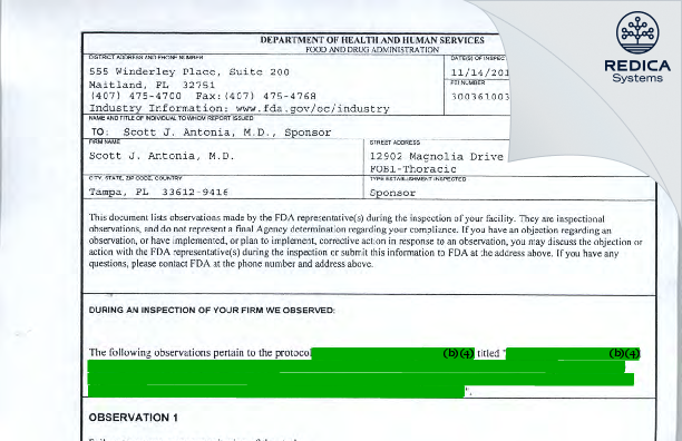 FDA 483 - Scott J. Antonia, M.D. [Tampa / United States of America] - Download PDF - Redica Systems