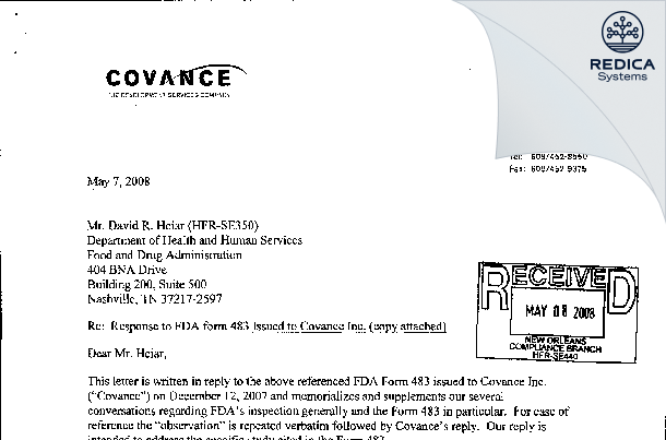 FDA 483 Response - Covance, Inc. [Nashville / United States of America] - Download PDF - Redica Systems