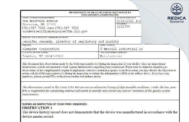 FDA 483 - SleepNet Corporation [Hampton / United States of America] - Download PDF - Redica Systems