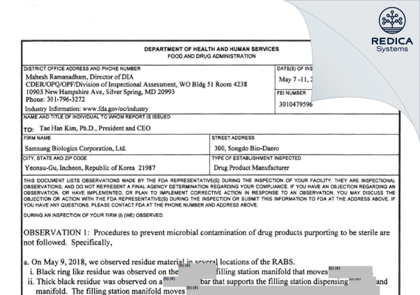 FDA 483 - Samsung Biologics Co., Ltd. [Incheon / -] - Download PDF - Redica Systems