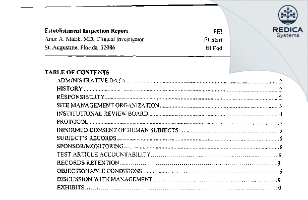 EIR - Amir Malik, M.D. [St Augustine / United States of America] - Download PDF - Redica Systems