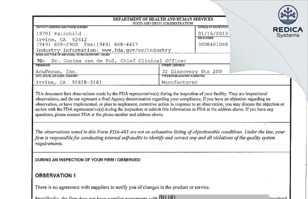 FDA 483 - AcuFocus, Inc. [Irvine / United States of America] - Download PDF - Redica Systems