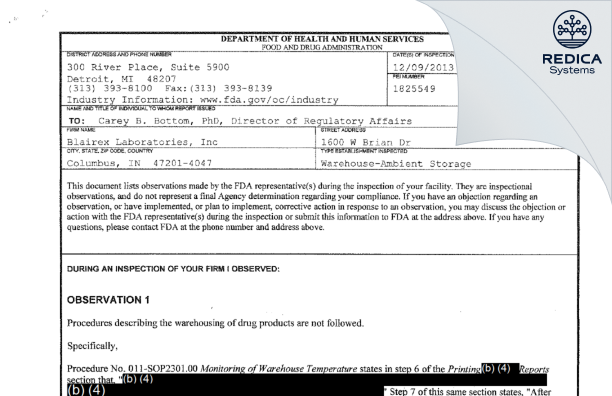 FDA 483 - Blairex Laboratories, Inc [Columbus / United States of America] - Download PDF - Redica Systems