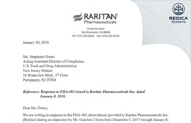 FDA 483 Response - RARITAN PHARMACEUTICALS INCORPORATED [Jersey / United States of America] - Download PDF - Redica Systems