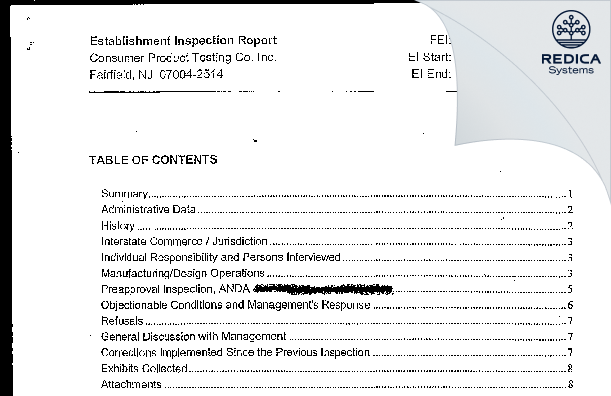 EIR - Consumer Product Testing Company, Inc [Fairfield / United States of America] - Download PDF - Redica Systems