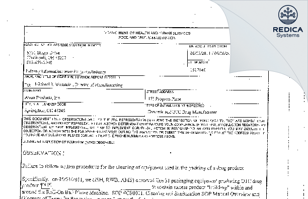 FDA 483 - New Avon LLC [Springdale / United States of America] - Download PDF - Redica Systems