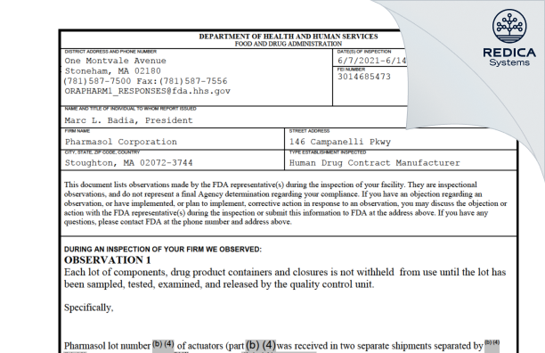 FDA 483 - Pharmasol Corporation [Stoughton / United States of America] - Download PDF - Redica Systems
