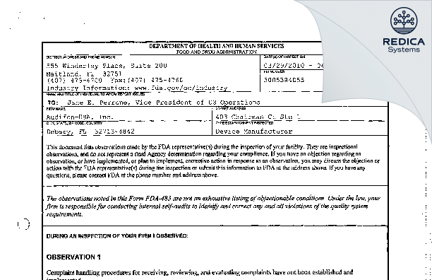 FDA 483 - Audifon-USA, Inc. [Debary / United States of America] - Download PDF - Redica Systems