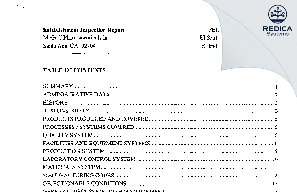 EIR - McGuff Pharmaceuticals, Inc. [California / United States of America] - Download PDF - Redica Systems
