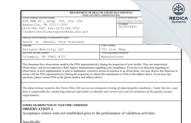 FDA 483 - Reliance Mobility, LLC [Columbia / United States of America] - Download PDF - Redica Systems