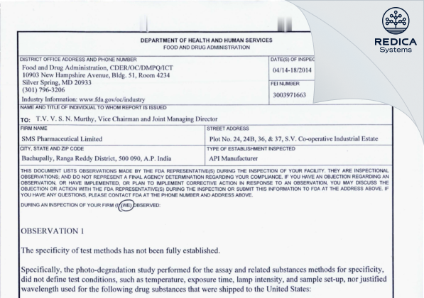 FDA 483 - SMS Pharmaceuticals Limited [India / India] - Download PDF - Redica Systems